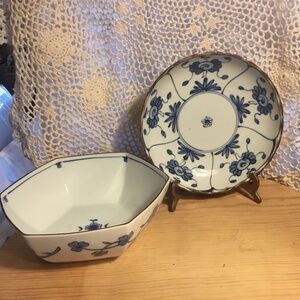 Antique Pair Chinese Blue and White Porcelain Plate & Bowl ~ Signed